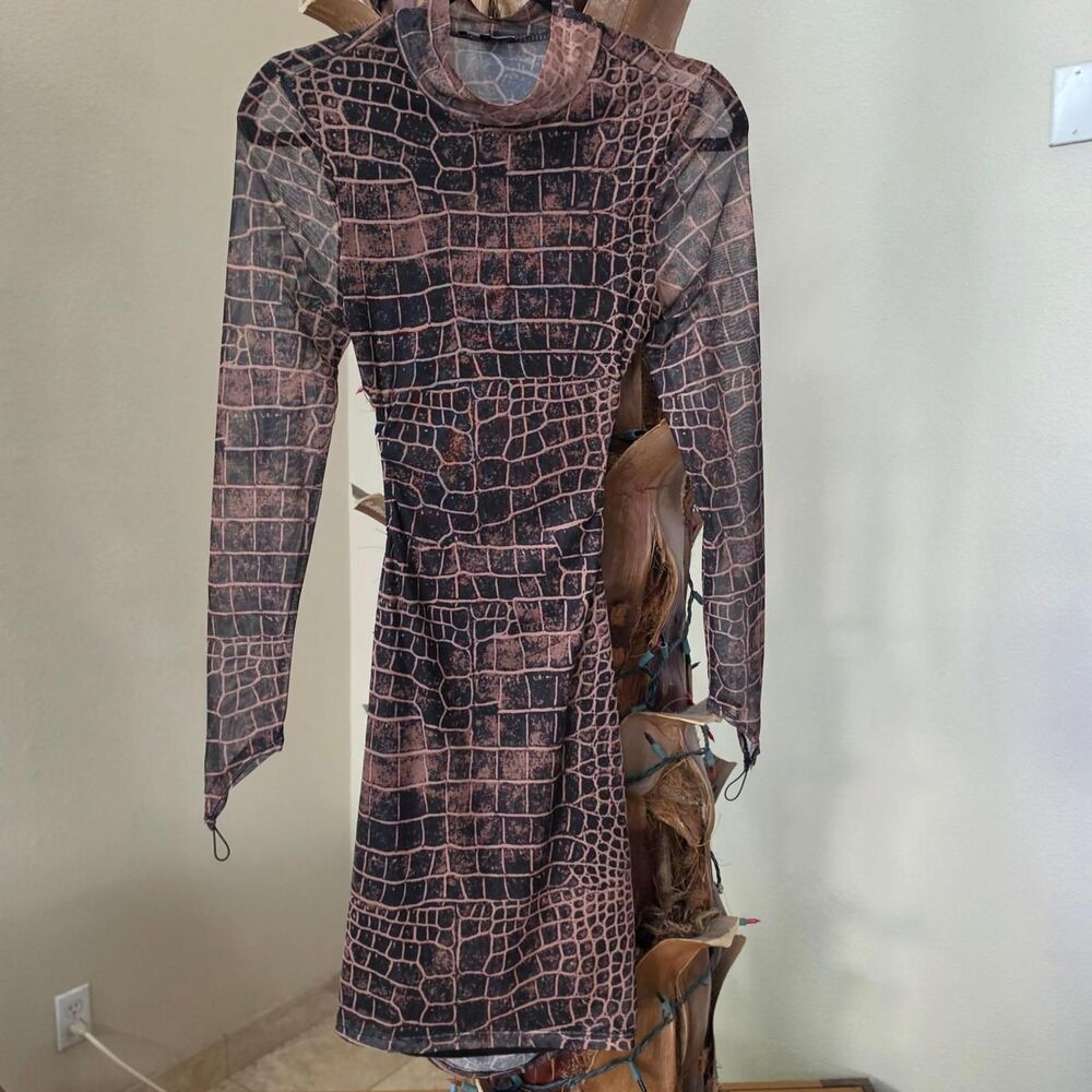 Fashion Nova Mesh Crocodile Print Backless Dress